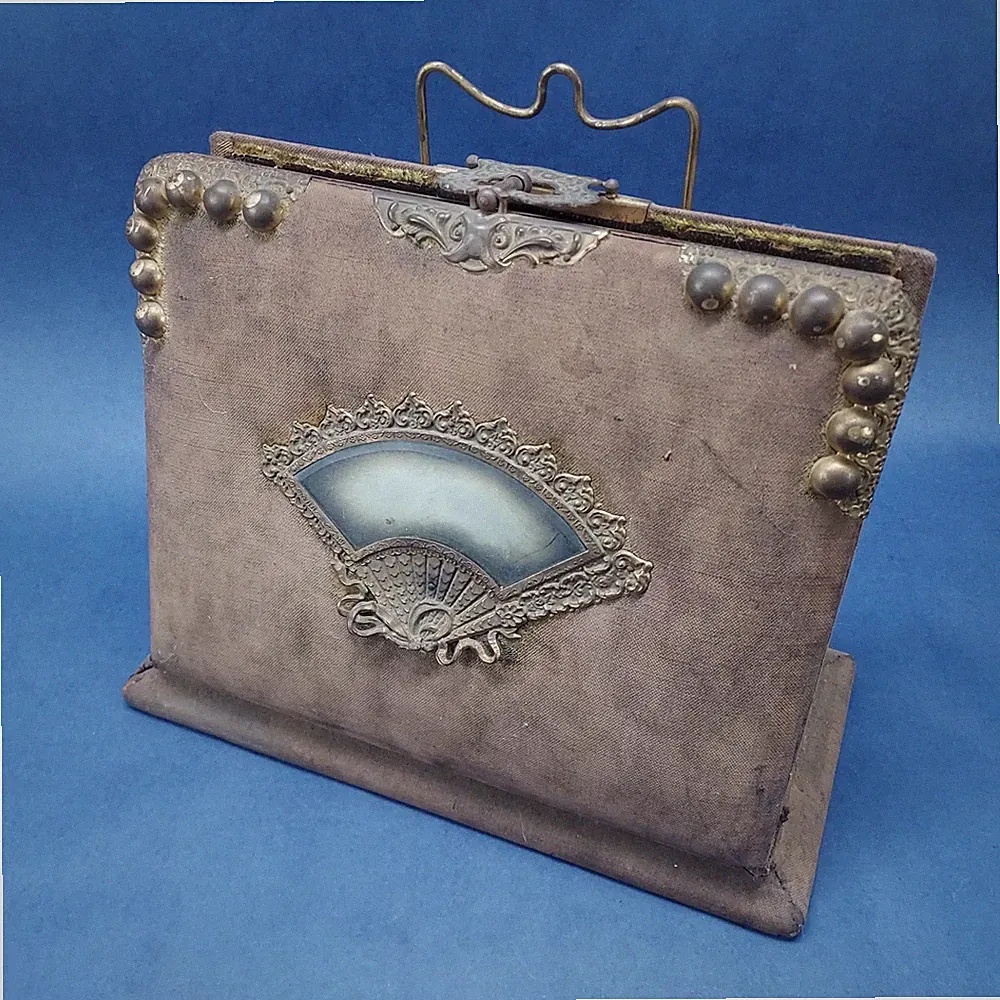1890s Velvet Brass Victorian Photo Album Gilded Stationery Set With Ink Well
