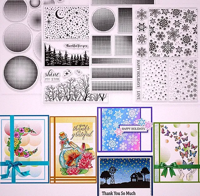 4 Sheets Gradient Background Clear Stamp for Scrapbooking Snowflakes Stars Silic
