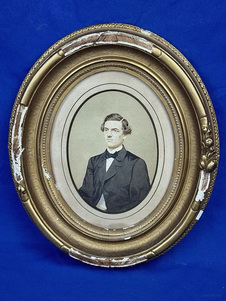 C1860 Ink Hand Colored Photo "BLUE EYES" Original Oval Wood Frame, Nice Glass