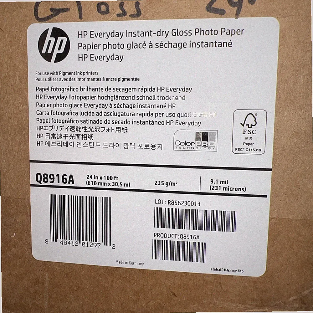 Hp Everyday Pigment Ink Photo Paper Roll Glossy 24" x 100 ft Roll Q8916A