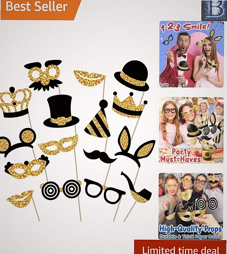 Memorable 16-Pc Photo Booth Props in Black & Gold for Unforgettable Parties