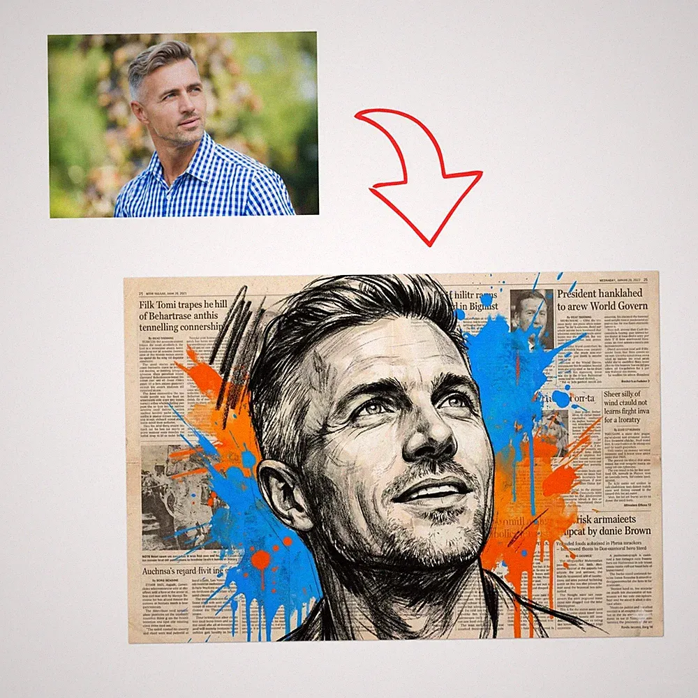 Personalized Custom Art From YOUR PHOTO Ink Sketch on Newspaper Background Print