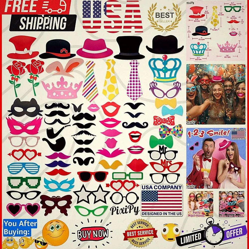 Photo Booth Props - 66 Piece Multicolor Kit - Fun Selfie Party Accessories -...