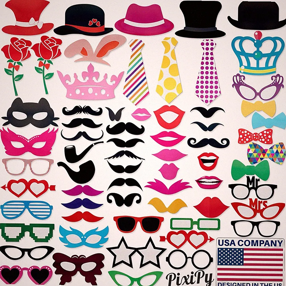Photo Booth Props - 66 Piece Multicolor Kit - Fun Selfie Party Accessories - Mus