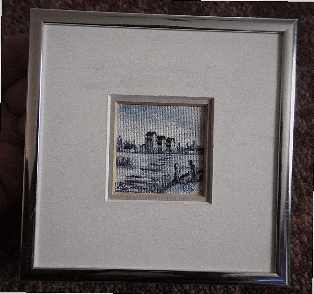 Vintage Signed 5 1/8" X 5 1/8" Landscape Pen/ink drawing Picture Metal Frame